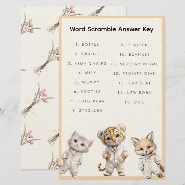Word Scramble Answer Key Whimsical Pajama Animals Brevpapper (Fram/baksida)