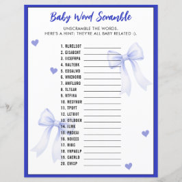 Word Scramble Baby Shower Game Blue Bow Ribbon