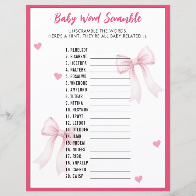 Word Scramble Baby Shower Game Pink Bow Ribbon (Framsida)