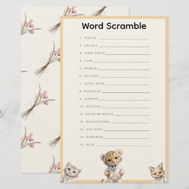  Word Scramble Whimsical Pajama Animals Brevpapper (Fram/baksida)