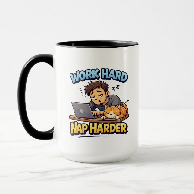 Work Hard Nap Harder Cat Funny Motivational Cartoo Mugg (Vänster)