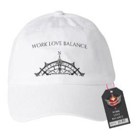 WORK LOVE BALANCE in black script lettering Keps