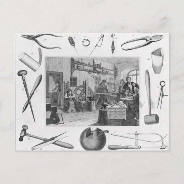 Workshop and main verktyg of jewelry, 1810 vykort (Framsida)
