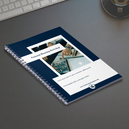Workshop om finansplanering - vit och blå anteckningsbok