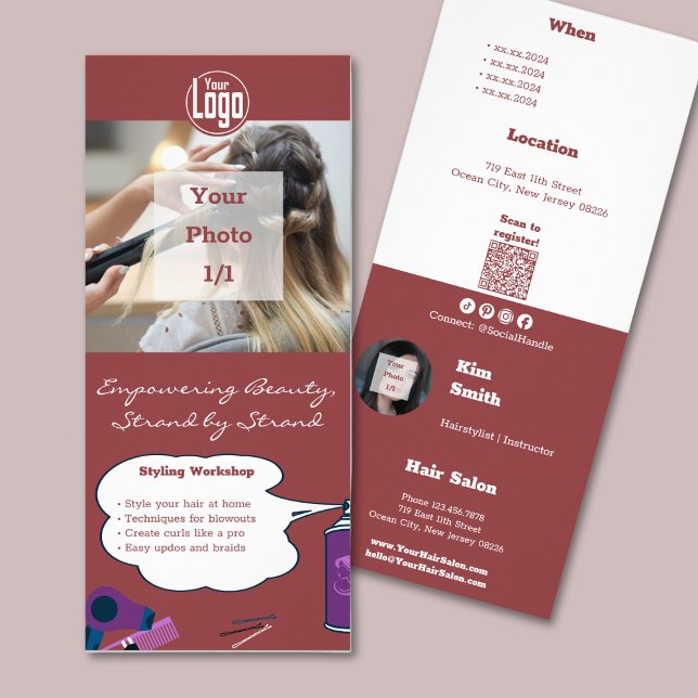 Workshop om höjdpunktsalonformering reklamkort (Promotion Hair Salon Styling Workshop Rack Card)