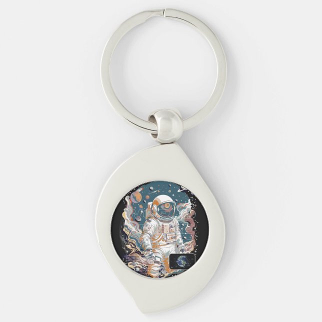 World Astronaut-design Swirl Silverfärgad Nyckelring (Framsidan)