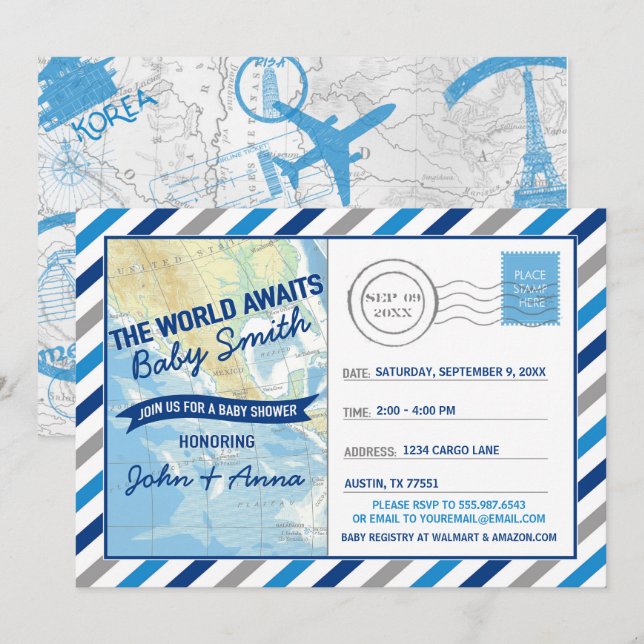 World Awaits Baby Shower Inbjudan Blue Postcard (Fram/baksida)