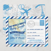 World Awaits Baby Shower Inbjudan Blue Postcard