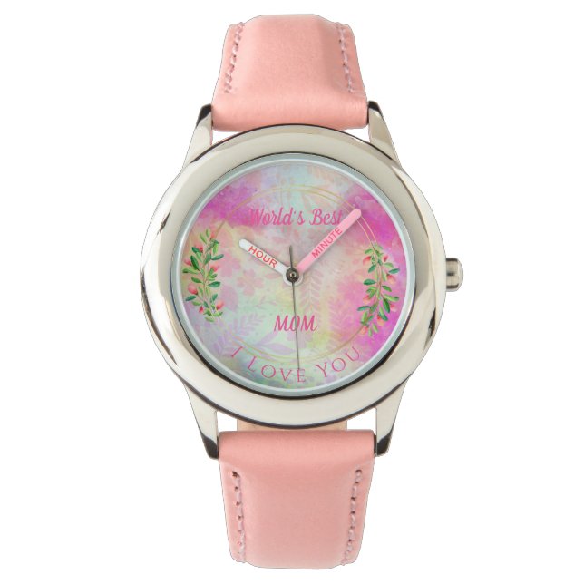 World Best Mamma Watercolor Rosa Blommigt Armbandsur (Framsida)