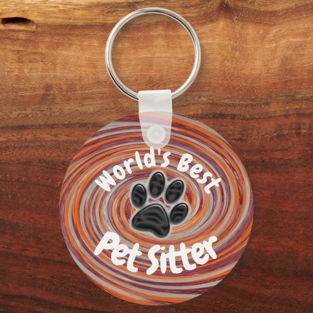 World Best Pet Sitter Groovy Paw Print Caregiver Nyckelring (Framsida)