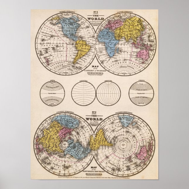 World Equatorial Projection and Polar Projection Poster (Framsidan)