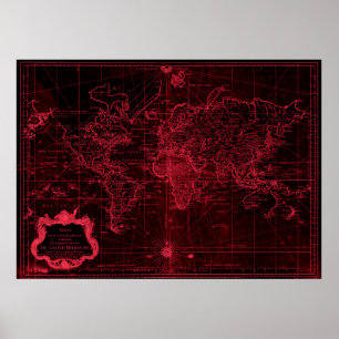 World Map (1778) Black & Light Red Poster