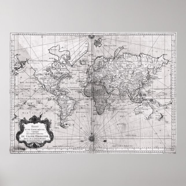 World Map (1778) White & Black Poster (Framsidan)