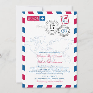World Map Airmail Missouri USA och Grekland Bröllo Inbjudningar