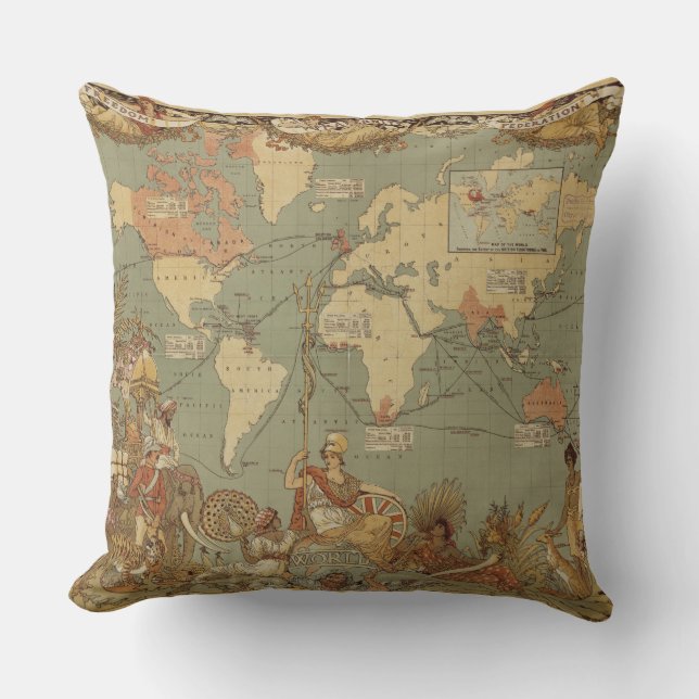 World Map Antique 1886 Illustrated Kudde (Framsida)