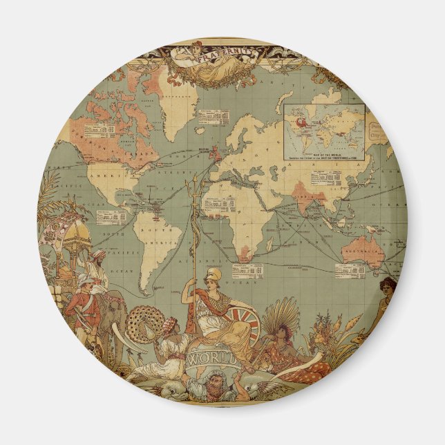 World Map Antique 1886 Illustrated Magnet (Framsidan)