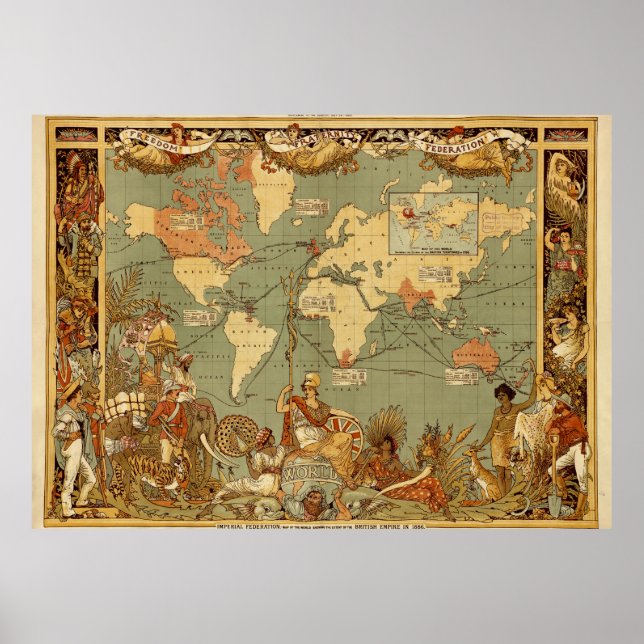 World Map Antique 1886 Illustrated Poster (Framsidan)
