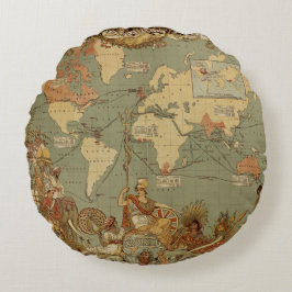World Map Antique 1886 Illustrated Rund Kudde