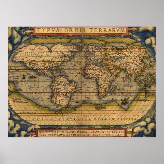 World Map Antique Ortellius Europe Travel Poster (Framsidan)