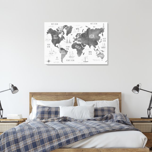 World Map Art Black White Nautical Canvastryck (Insitu (sovrum))