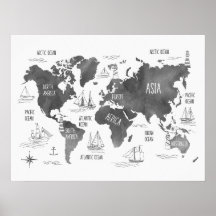 World Map Art Black White Nautical Kids Nursery
