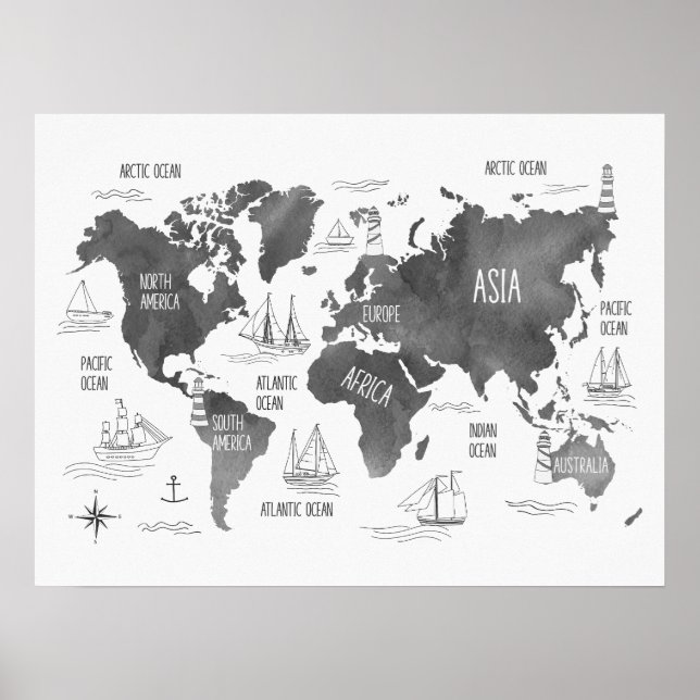 World Map Art Black White Nautical Kids Nursery Poster (Framsidan)