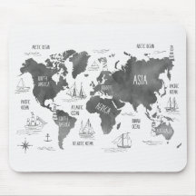 World Map Art Black White Nautical