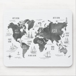 World Map Art Black White Nautical Musmatta
