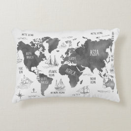 World Map Art Black White Nautical Prydnadskudde