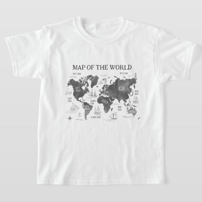 World Map Art Black White Nautical T Shirt (Laydown)