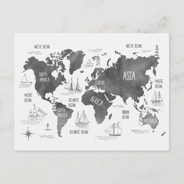 World Map Art Black White Nautical Vykort (Framsida)