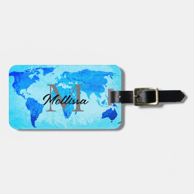 World Map Blue Artistic Monogram Namn Gift 2023 Bagagebricka (Horisontell Framsida)