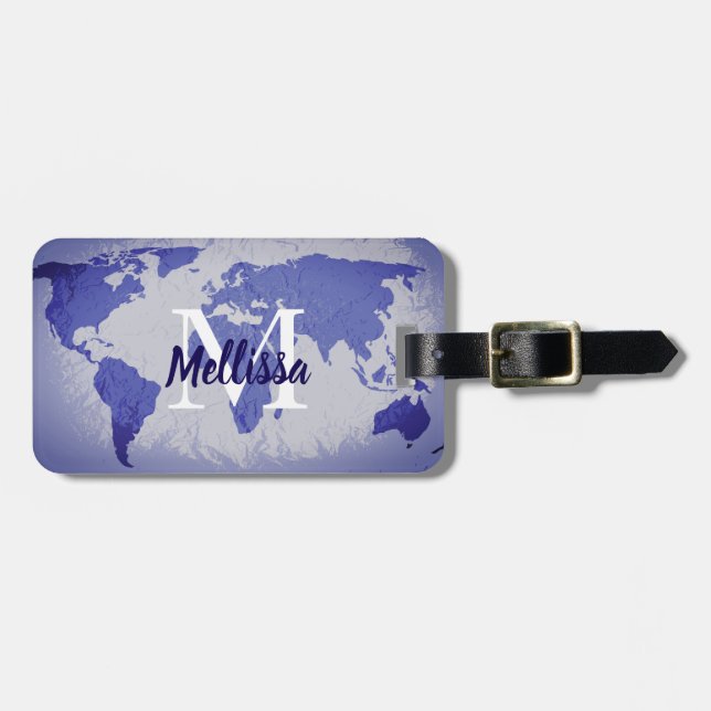 World Map Blue Artsy Monogram Name Gift Favor Bagagebricka (Horisontell Framsida)