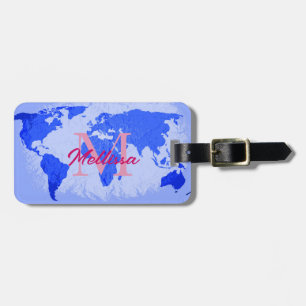 World Map Blue Rosa Monogram Traveler Namn Gift Bagagebricka
