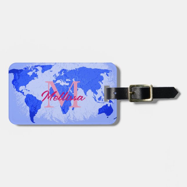 World Map Blue Rosa Monogram Traveler Namn Gift Bagagebricka (Horisontell Framsida)