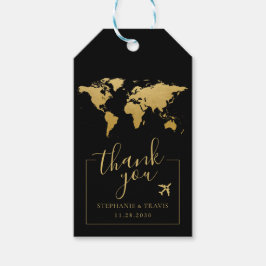 World Map Destinationstasbröllop Favor Black Guld Presentetikett