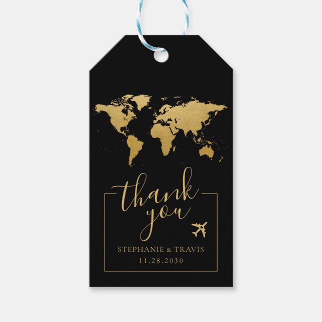 World Map Destinationstasbröllop Favor Black Guld Presentetikett (Framsidan)
