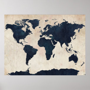 World Map Distress Navy Poster