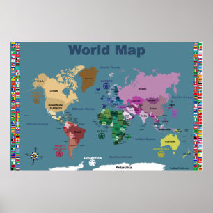 World Map För barn - Blue with Flaggor Poster