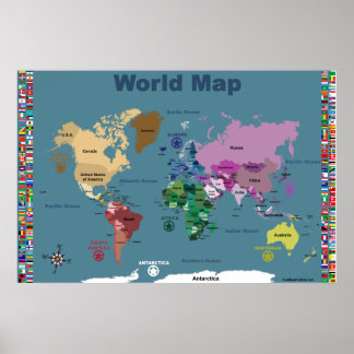 World Map För barn - Blue with Flaggor Poster