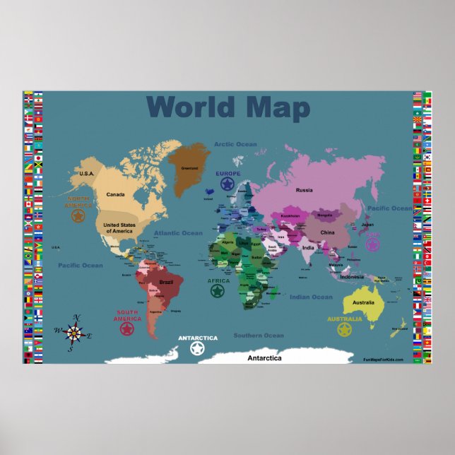 World Map För barn - Blue with Flaggor Poster (Framsidan)