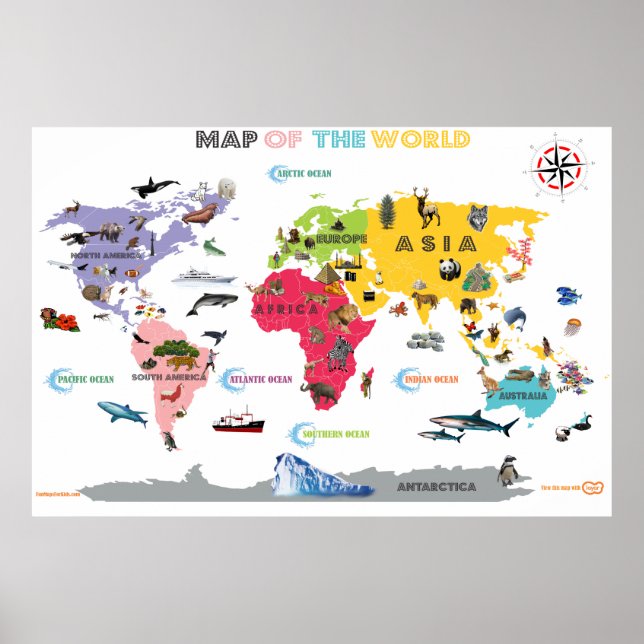 World Map För barn - Vit och Bright interaktiv Poster (Framsidan)