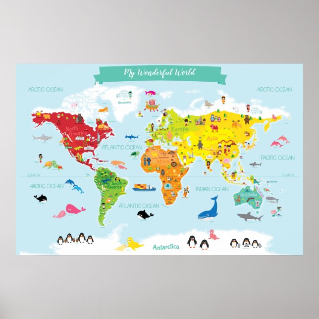 World Map for Bright Children med Illustrations Poster (Framsidan)