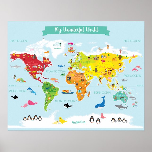 World Map for Bright Kids med illustrationer Poster (Framsidan)