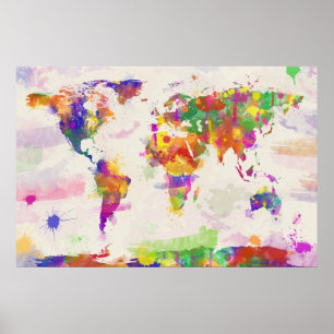 World Map för färgade vattenfärger Poster