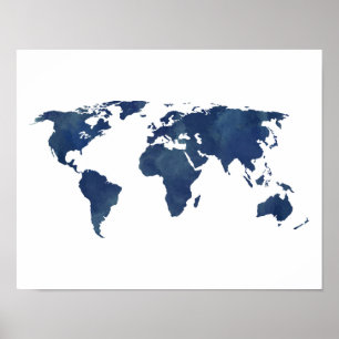 World Map för royal Blue Watercolor Poster