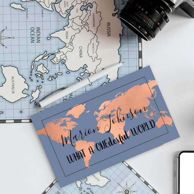 World Map Globe Karta Travel Agency Copper Navy Visitkort (Skapare uppladdad)