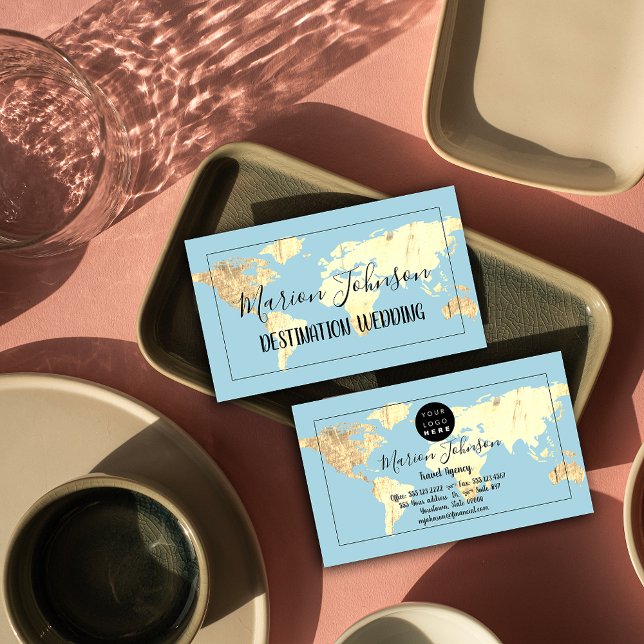 World Map Globe Karta Travel Agency Guld Blue Visitkort (World Map Globe Map Travel Agency Gold Blue Business Card)