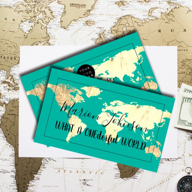 World Map Globe Karta Travel Agency Guld Teal Blue Visitkort (World Map Globe Map Travel Agency Gold Teal Blue Business Card)