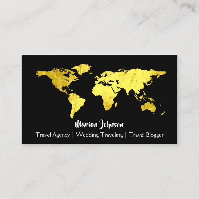 World Map Globe Karta Traveling Black Guld Logotyp Visitkort (Framsida)